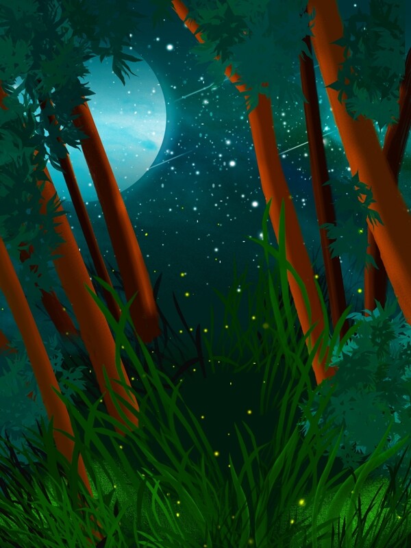 彩绘清新树林圆月背景设计