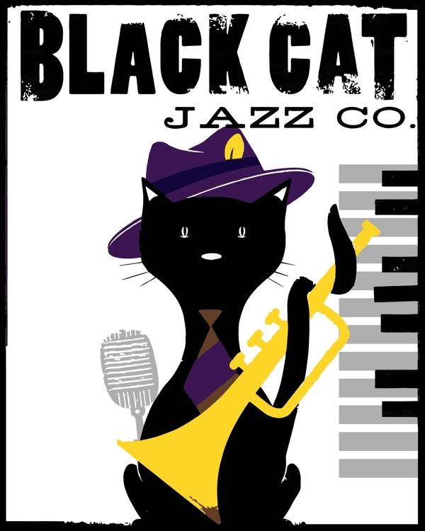 卡通黑猫爵士乐矢量图下载