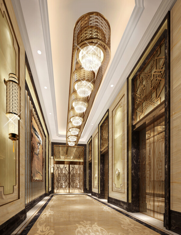 现代时尚金色吊灯酒店走廊工装装修效果图