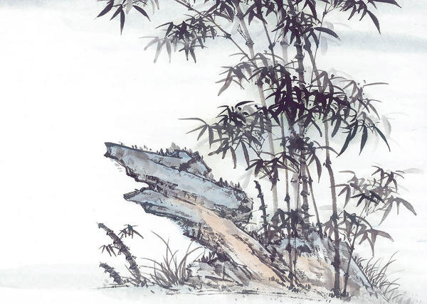 中国画石头与竹子
