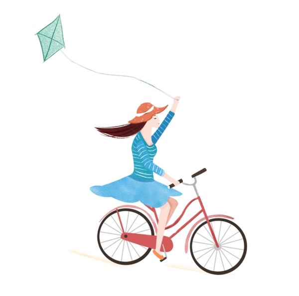 手绘骑自行车的女孩免抠设计元素