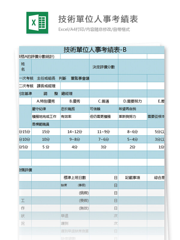 技術單位人事考績表excel模板表格