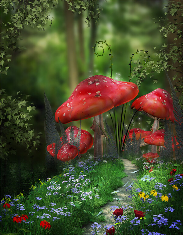 蘑菇树童话背景林间小路红花图片