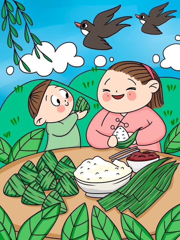 端午节和奶奶一起包粽子燕子插画