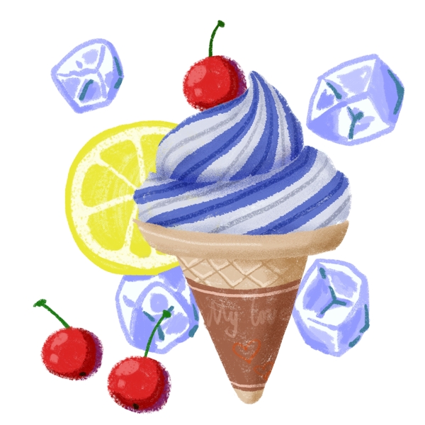 手绘夏日清凉冰淇淋樱桃冰块柠檬元素