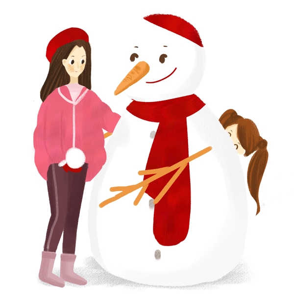 圣诞节女孩堆雪人手绘免抠图