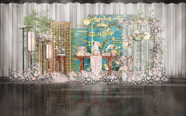 新中式蓝色婚礼甜品区工装效果图