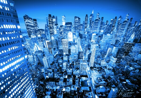 蓝色城市鸟瞰风景