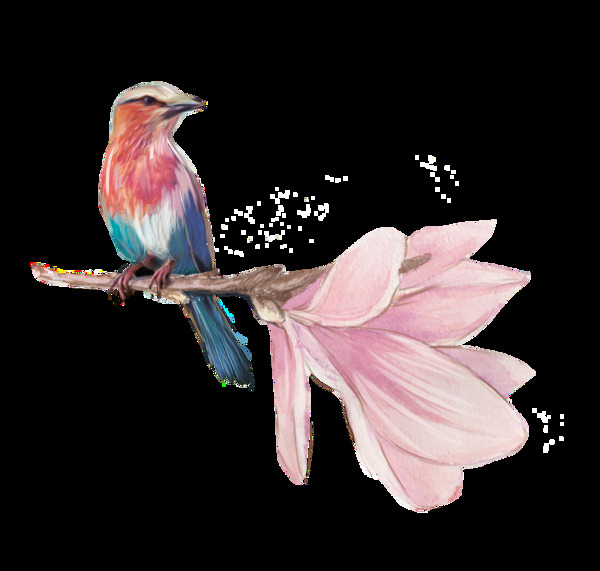 手绘一只小鸟站在粉红色花旁png透明素材