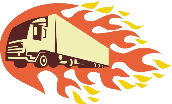 集装箱卡车和拖车的火焰复古