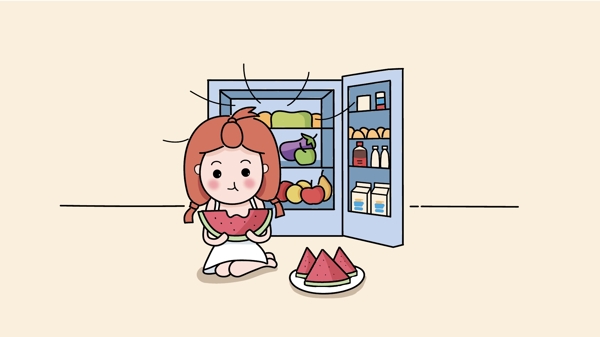 原创插画夏天开着冰箱吃西瓜的女孩