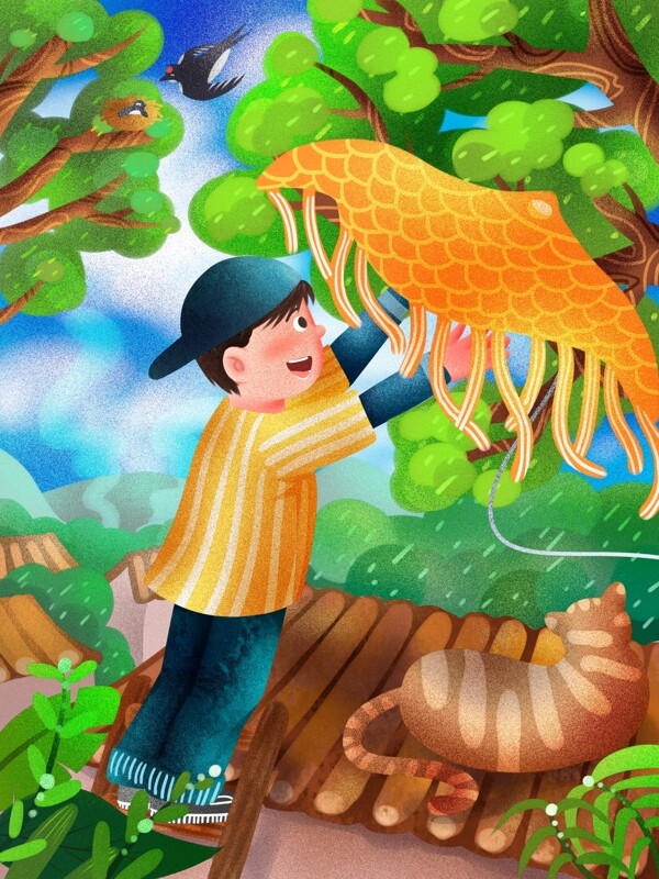 春分时节玩风筝的男孩绿色噪点清新插画