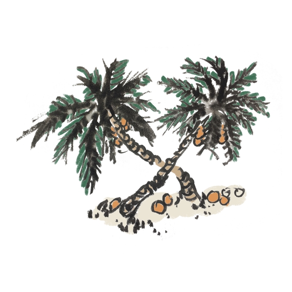 椰子椰树中国风手绘插画