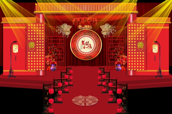 大红中式室内婚礼效果图