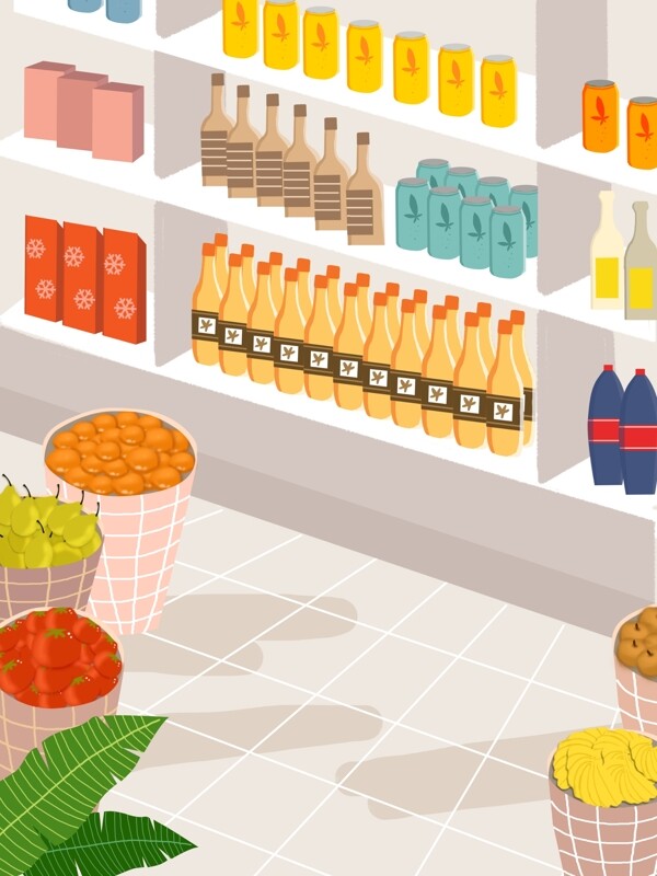 超市水果饮料货架货品背景设计