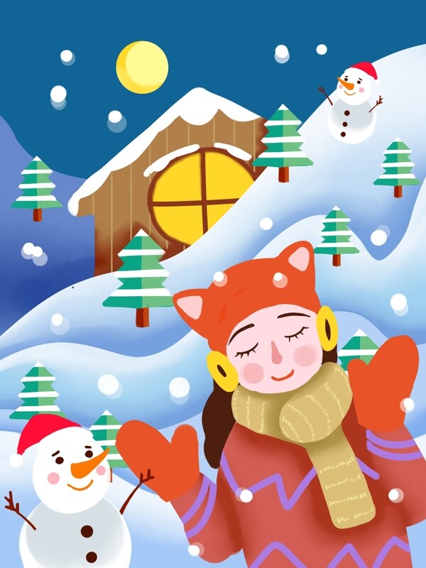 节日节气大雪冬季剪纸风小女孩雪人手绘插画