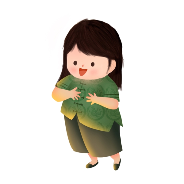 卡通中国风穿着绿色衣服的女人