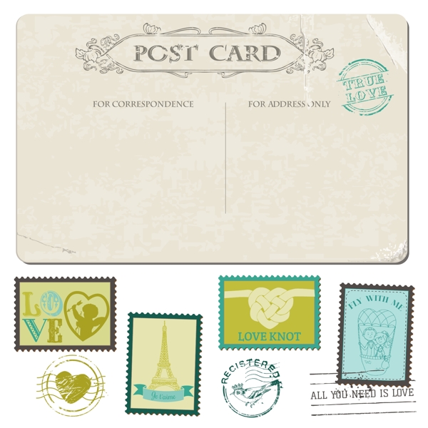 7款复古婚礼明信片与邮票矢量图