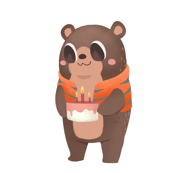 手绘创意拿着生日蛋糕的小熊