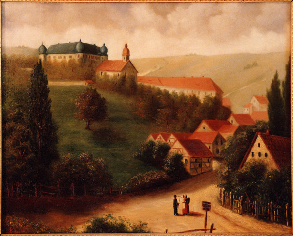 山腰上的村庄油画图片