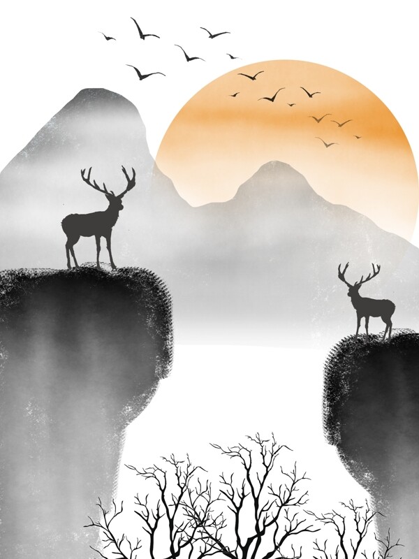 中式悬崖对鹿夕阳客厅装饰画
