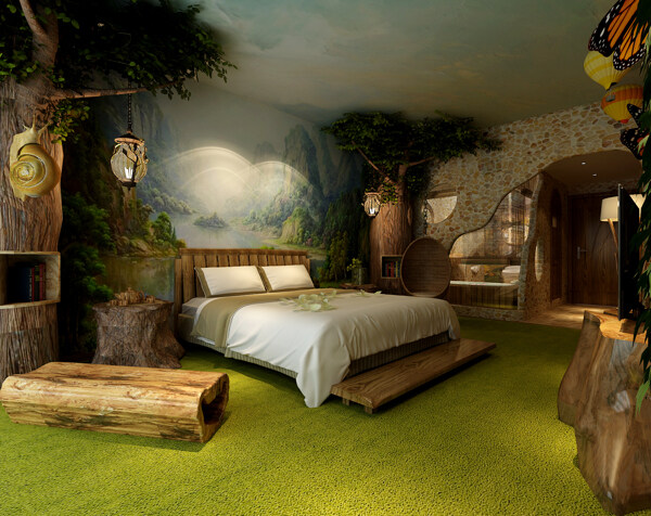 现代森系卧室木制床铺室内装修效果图