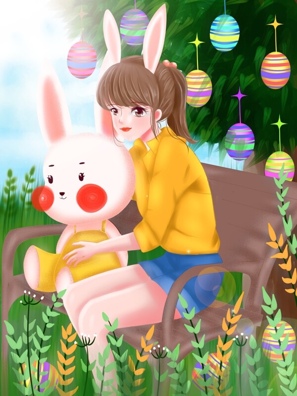原创手绘插画复活节女孩抱着兔子过复活节
