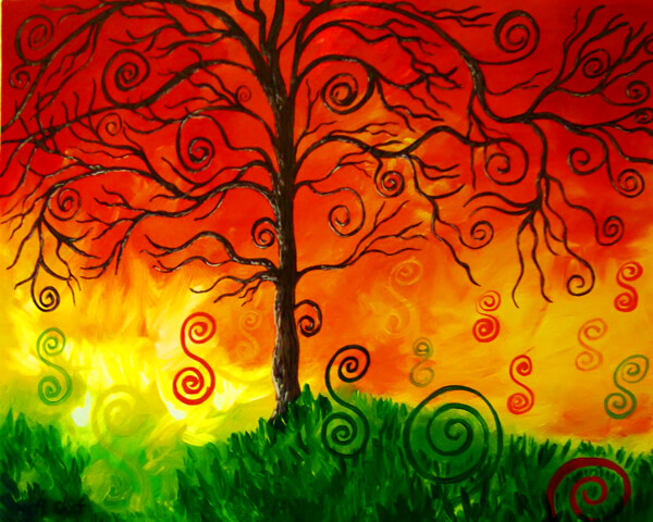 油画夕阳树木图片