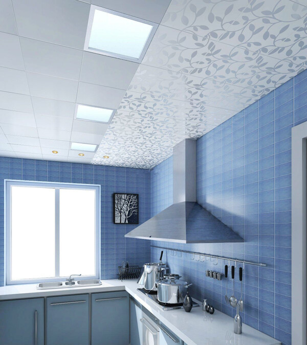 蓝色现代简约厨房吊顶造型设计效果图