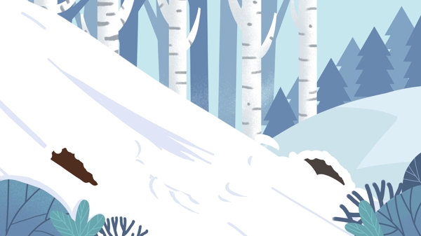 手绘树林雪地山坡背景素材