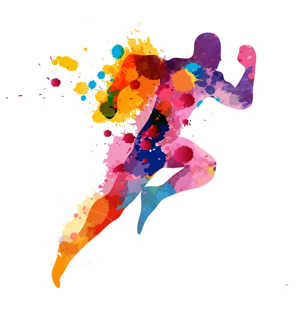 矢量彩色水墨水彩喷墨运动奔跑人物装饰图案