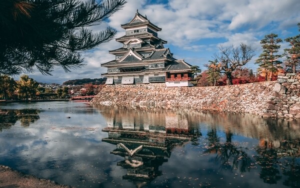 日式寺庙天空水流意境背景素材