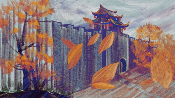 创意复古肌理秋日的城墙插画