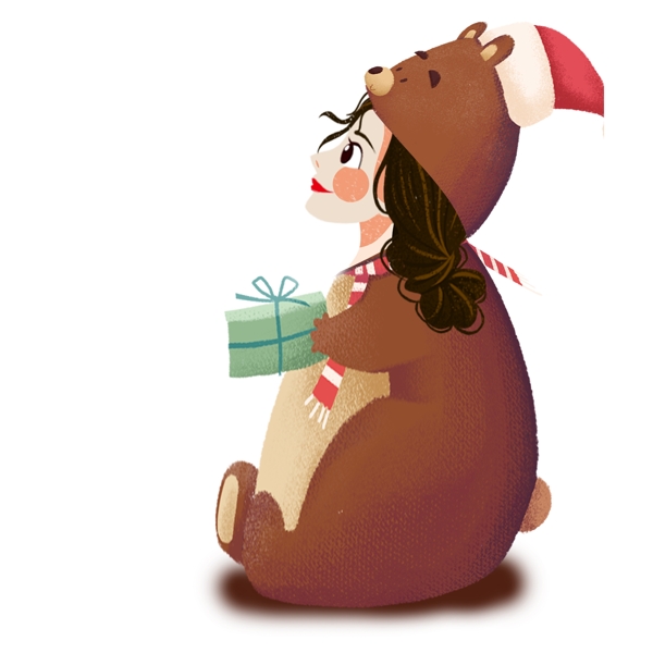 卡通可爱穿着熊服独自过圣诞的女孩