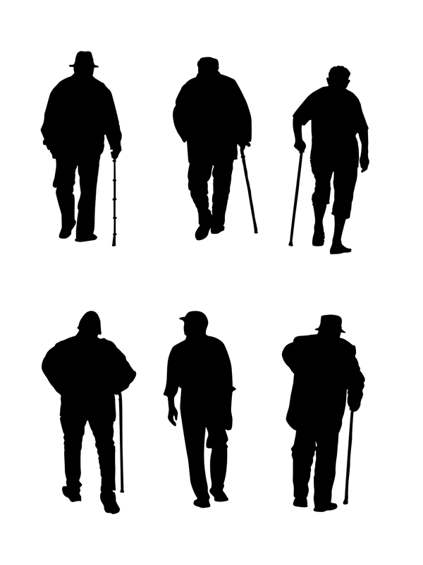 黑色矢量老年人拄拐杖人物剪影元素合集
