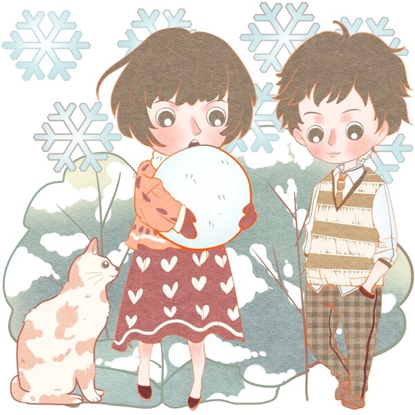 半橘小猫和小朋友雪中玩雪开心快乐