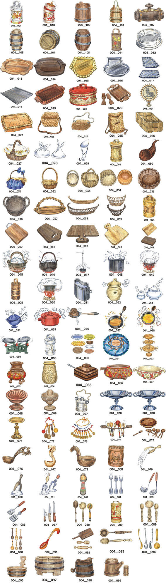 筐篮盆盘刀叉勺子等厨房用品AI矢量素材图片