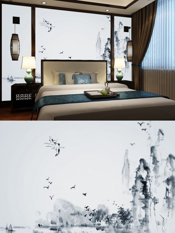 中式山水画卧室背景墙