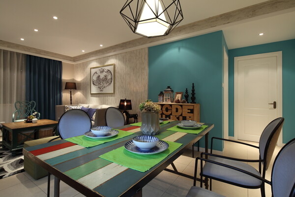 现代时尚客厅蓝绿色背景墙室内装修效果图