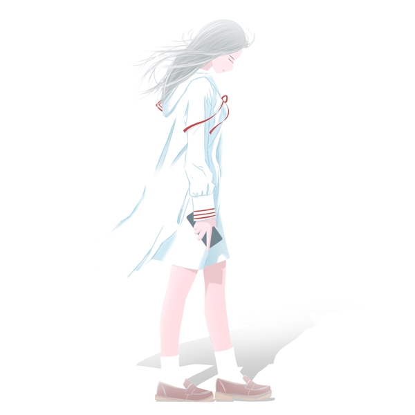 卡通手绘女孩穿着白色风衣原创元素