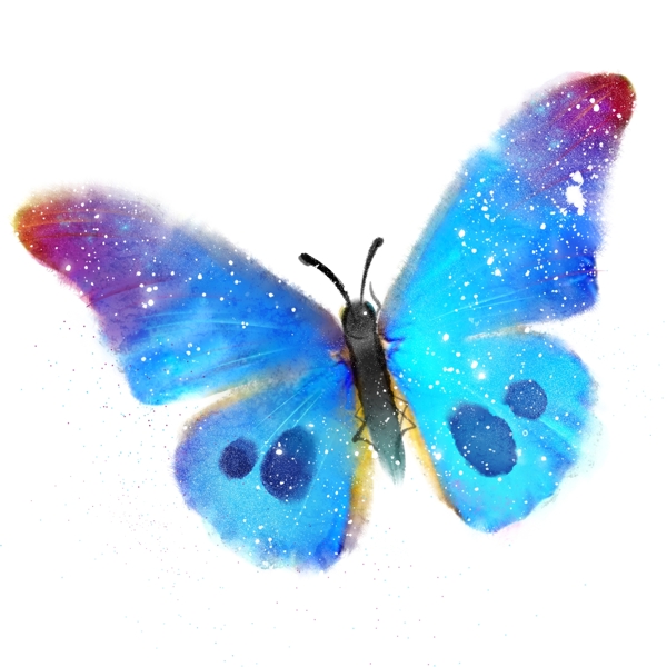 水彩风格手绘蓝色蝴蝶花蝴蝶斑点昆虫子梦幻
