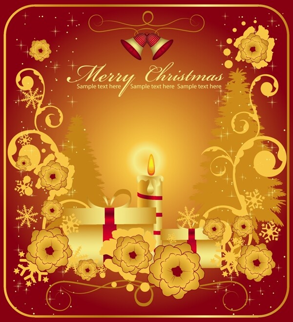矢量圣诞节红色铜铃花朵花纹蜡烛礼物圣诞树雪花闪光挂球圆球金色矢量素材