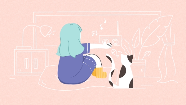 虚实象生女孩与猫听音乐原创插画