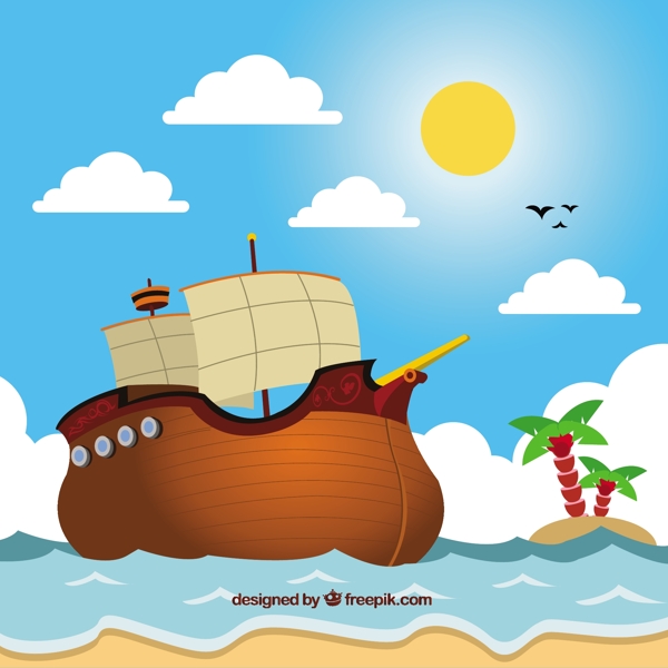 手绘海盗船彩色背景