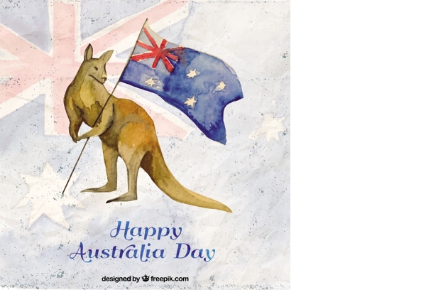 袋鼠与国旗在快乐澳大利亚日的背景