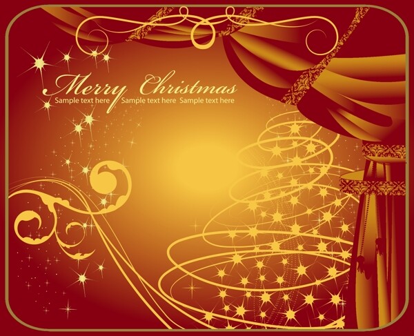 矢量圣诞节红色挂球圣诞树金色铜铃MerryChristmas闪光雪花帷幕圣诞节装饰矢量素