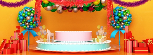 全原创电商风格3D空间生日蛋糕舞台背景