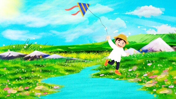 原创唯美清新二十四节气之立夏放风筝插画