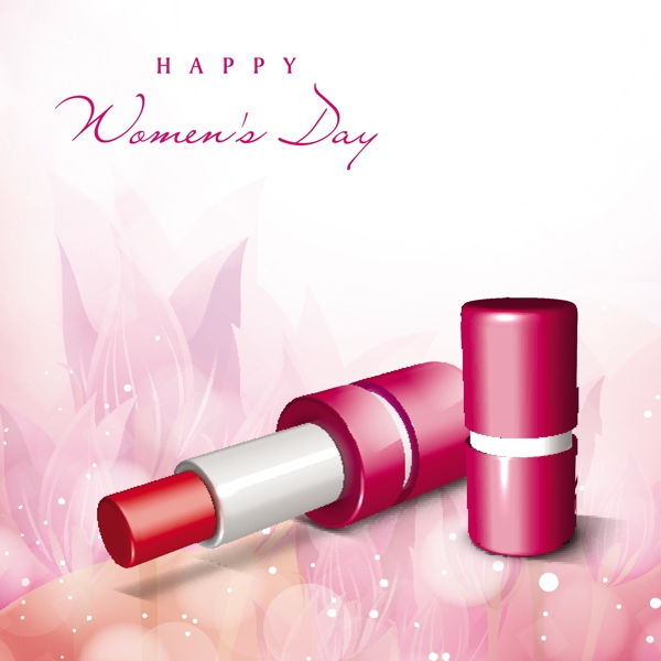 三八妇女节贺卡或海报与花卉装饰的粉色口红设计背景