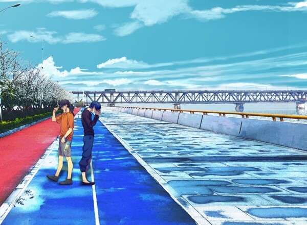 日系动漫风格钱塘江大桥手绘风景图